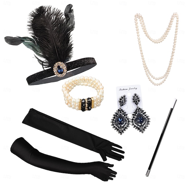  Ordító 20-as évek 1920-as évek Flapper fejpánt Kiegészítő készlet A nagy Gatsby Charleston Toll Jelmez Női Újév Álarcos mulatság Parti Lánybúcsú Felnőttek 1 Nyaklánc Kesztyűk Fejfedők