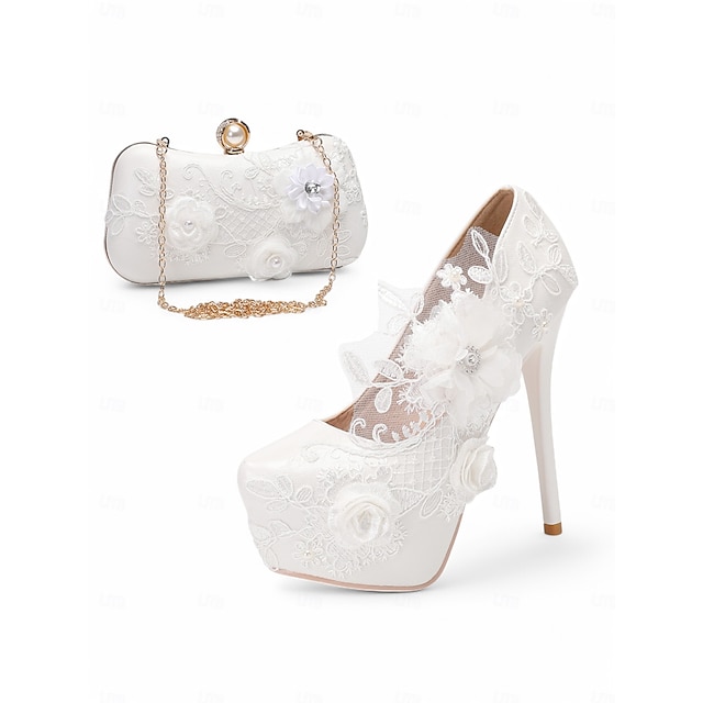  White Lace Wedding Shoes with Floral Embellishments, Pointed Toe, Elegant High Heel Design, Perfect for Bridal and Formal Occasions