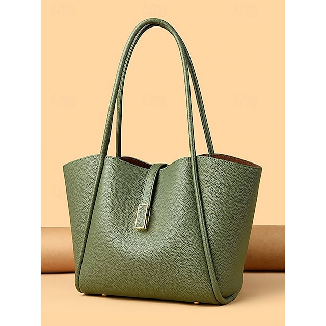  Women's Green Faux Leather Tote Bag, Simple Design, Gold Buckle Decoration - Stylish and Practical Tote Bag for Work, Shopping and Daily Use Black White Red