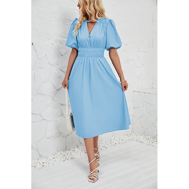  Retro Vintage 1950s Midi Dress Flare Dress Puff Sleeve Solid Color A-Line V Neck Women's Masquerade Wedding Vacation Tea Party Adults' Dress