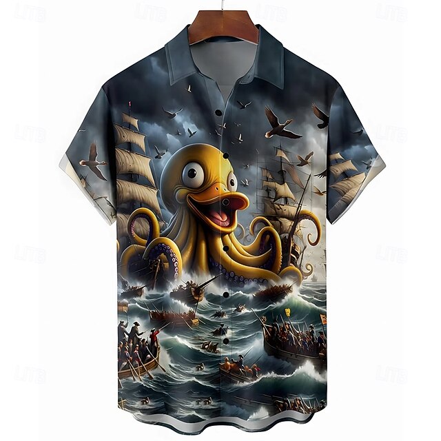 Men's Funny Octopus Sailboat Summer Hawaiian Shirt Button Up Shirt Aloha Shirt Short Sleeve Hawaiian Resort Vacation Holiday Beach Wear Summer Spring Turndown Collared Shirts Front One Pocket Dark4