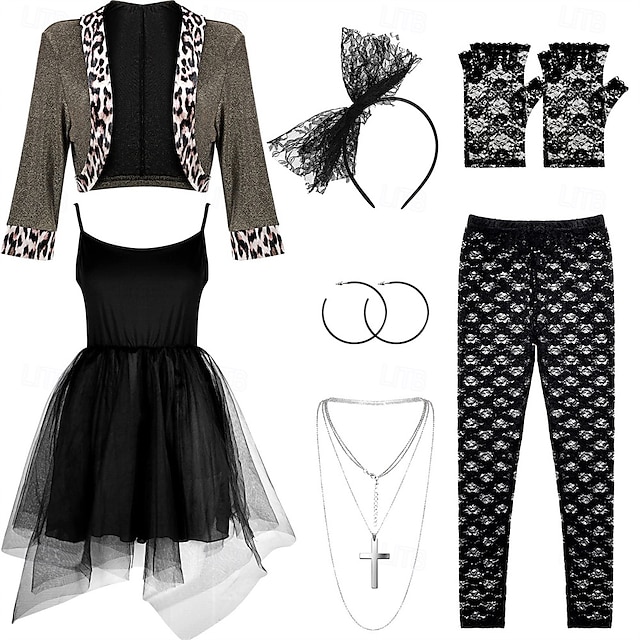  Retro Vintage Anos 80 chique Vestidos Traje Cosplay Roupa Estrela pop Roqueiro Mulheres Baile de Máscaras Festa Parada do Orgulho Mês do Orgulho Adulto 1 Par de Brincos Blusa Vestido