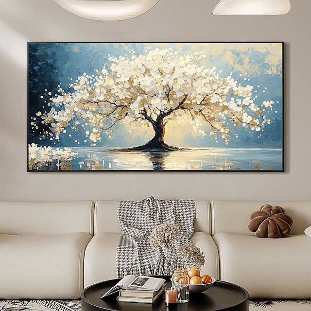  Peinture à l'huile sur toile représentant un arbre de vie blanc original fait à la main, art mural abstrait en fleurs, grand arbre, pour décoration intérieure, avec cadre tendu/sans cadre intérieur