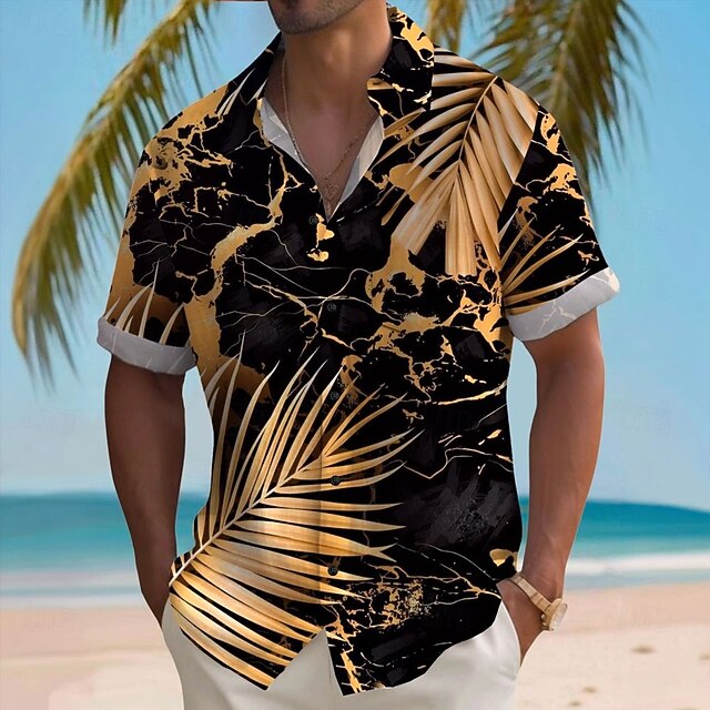 Men's Palm Leaf Tropical Plants Summer Hawaiian Shirt Button Up Shirt Short Sleeve Hawaiian Resort Vacation Holiday Beach Wear Summer Spring Turndown Collared Shirts Yellow4
