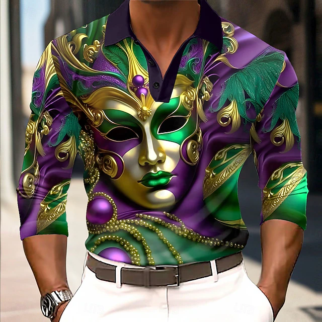 Carnival Men's Mask Polo Long Sleeve Polo Shirts Collared Shirts Vintage Festival Outfit 3D Print Spring Fall Winter Green4