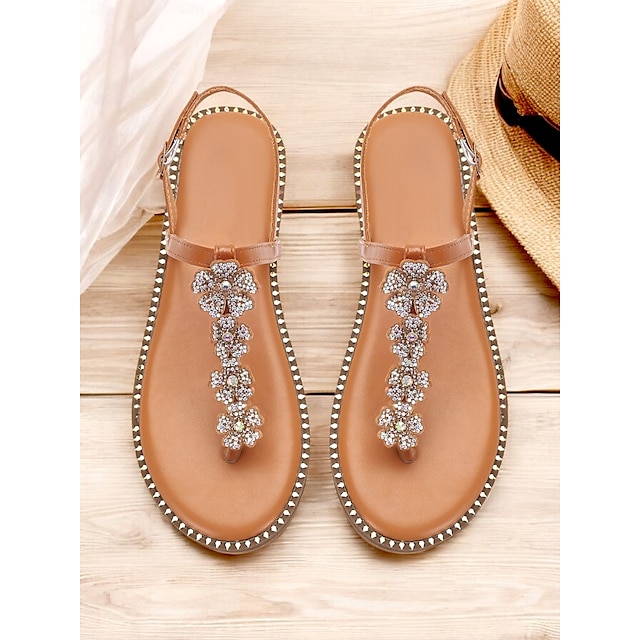  sandali infradito da donna con fiori di strass color cuoio e bordi borchiati – eleganti sandali bassi per l'estate, la spiaggia e le occasioni informali