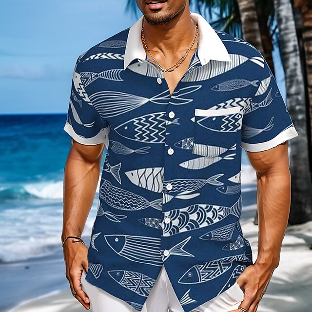 Men's Fish Sea Creatures Summer Hawaiian Shirt Button Up Shirt Short Sleeve Hawaiian Resort Vacation Holiday Beach Wear Summer Spring Turndown Collared Shirts Front One Pocket Blue4