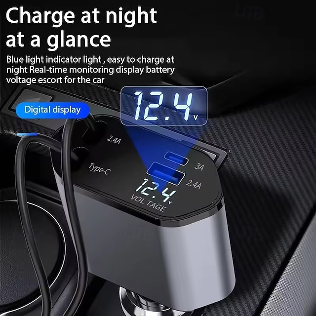  Autoladegerät-Adapter 120 W Schnellladung USB Typ C Schnellladekabel mit einziehbaren Kabeln passend für iPhone 16/15/14/13/12 Samsung