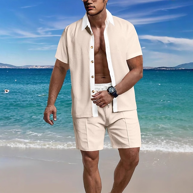  Hombre Camisa de gofres 2 Piezas Conjunto de camisa conjunto de verano Conjuntos a juego Camisa casual Plano Vacaciones Diario Negro Blanco Rojo Verde Trébol Manga Corta Cuello Verano Ropa