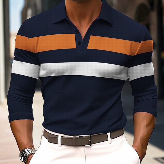  Herren Gestreift Rugby-Poloshirts Langarm Polo-Shirts Hemden mit Kragen Business-Casual Schule Athleisure Alltagskleidung 3D-Druck Frühling Herbst Winter Schwarz Armeegrün Dunkelblau