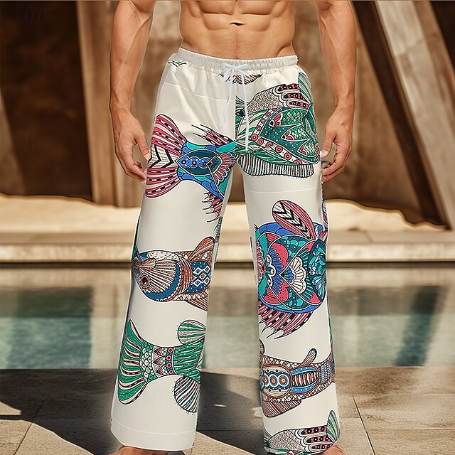 Men's Fish Ethnic Trousers Baggy Pants Casual Pants Mid Waist Vintage Retro Outdoor Holiday Drawstring Elastic Waist Wide Leg Summer Spring 3D Print White4