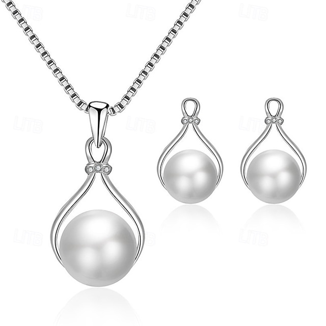  Juego de Joyas 1 juego Perla Artificial Legierung 1 Collar Pendientes Mujer Elegante Coreano Dulce Bonito Bola Redondo Conjunto de joyas Para Invitado a la boda Trabajo Regalo