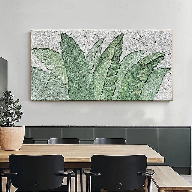  großes handgemachtes Ölgemälde mit grünen Blättern, handgemalte Wandkunst, 100 % handgemachtes Ölgemälde, handgemaltes abstraktes Bananenblatt-Ölgemälde, tropisches Ölgemälde, Wandkunst, modernes