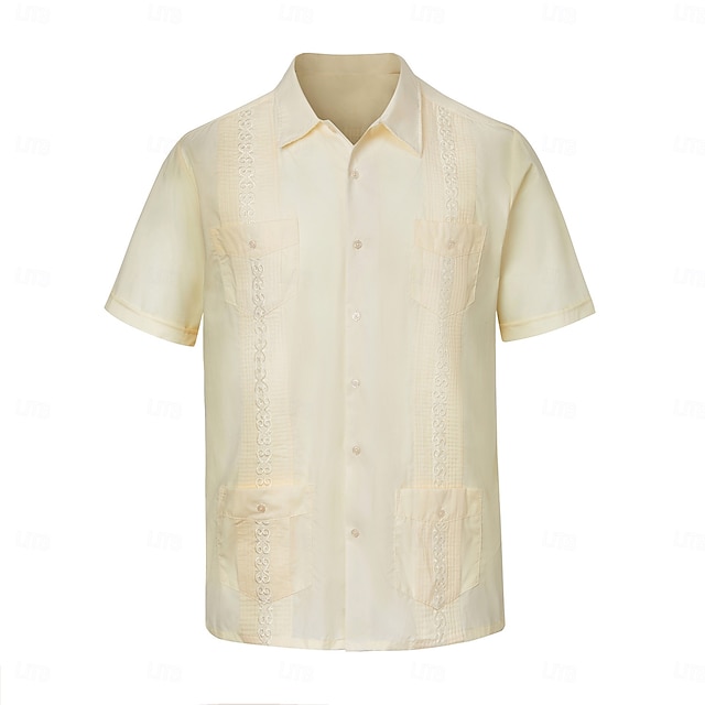  Homme Chemise Chemise Guayabera Jaune clair Noir Blanche Vert Claire Rose Claire Manche Courte Col Rabattu École Performance Broderie Vêtement Tenue Élégant Vacances ancien Neutre