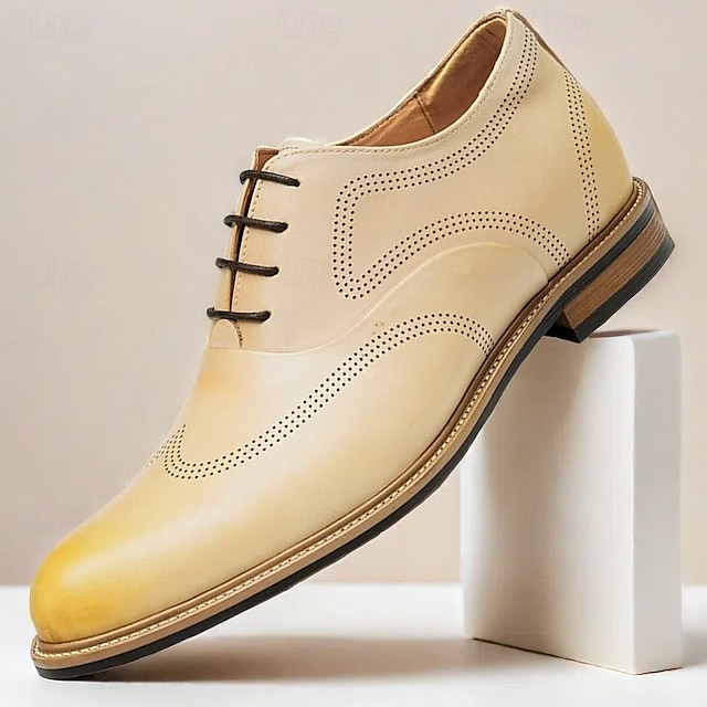  ανδρικά μπεζ premium παπούτσια brogue από δέρμα αγελάδας με κορδόνια με διάτρητες λεπτομέρειες, επίσημο στυλ για γάμους και επαγγελματικές εκδηλώσεις