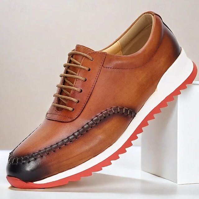  Zapatillas oxford de cuero genuino hechas a mano para hombre: zapatos de vestir casuales vintage con cordones y detalles cosidos a mano para uso diario y de negocios