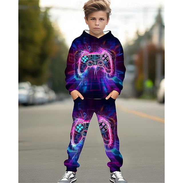  Chico 3D Graphic Juego Conjunto de sudadera con capucha y pantalones deportivos Traje Deportivo Chándales Manga Larga Primavera Otoño Diario Básico Casual Niños 4-12 años Con Capucha Exterior