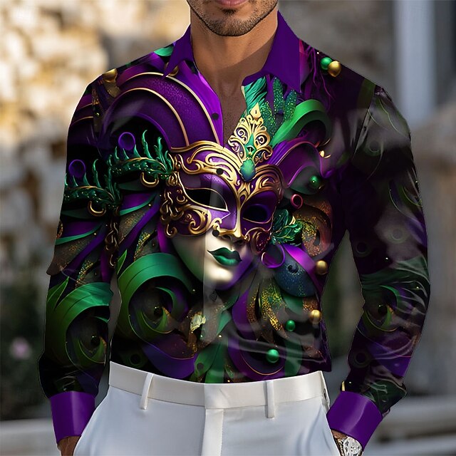 Mardi Gras Men's Mask Carnival Satin Shirt Dress Shirt Button Up Shirt Long Sleeve Fashion Casual Gift Holiday Festival Summer Spring Turndown Collared Shirts 3D Print Purple4