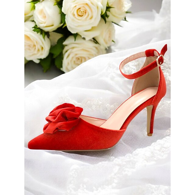  rote Satin-Pumps mit spitzer Spitze und Rosenverzierung – klassische Hochzeitsschuhe für Damen, ideal für formelle Anlässe oder als Brautmode