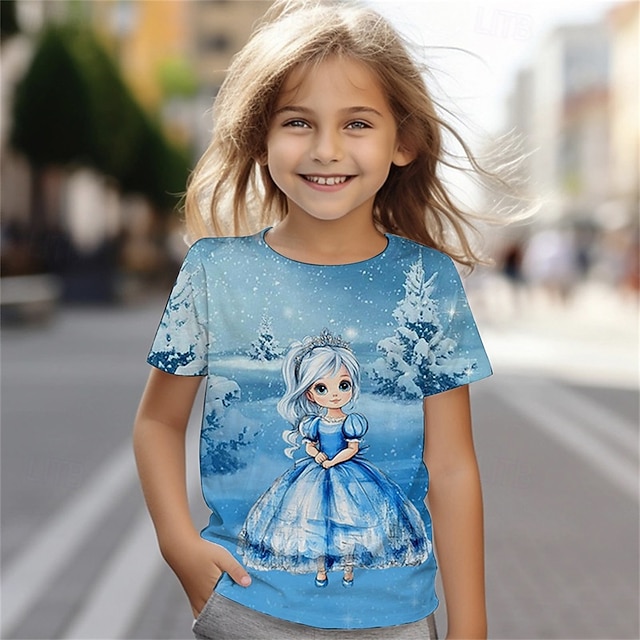  Jente 3D Grafisk Tegneserie T skjorte T-skjorte Kortermet Sommer Vår Mote Grunnleggende Barn 4-12 år Crew-hals utendørs Avslappet Daglig Normal
