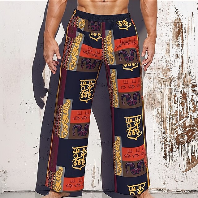 Men's Color Block Patchwork Ethnic Trousers Baggy Pants Casual Pants Mid Waist Vintage Retro Outdoor Holiday Drawstring Elastic Waist Wide Leg Summer Spring 3D Print Yellow4