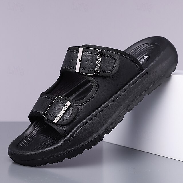  Bruine herensandalen van imitatieleer met twee gespen, comfortabel voetbed en duurzame zool – verstelbare instapschoenen voor de zomer voor casual en outdoor gebruik