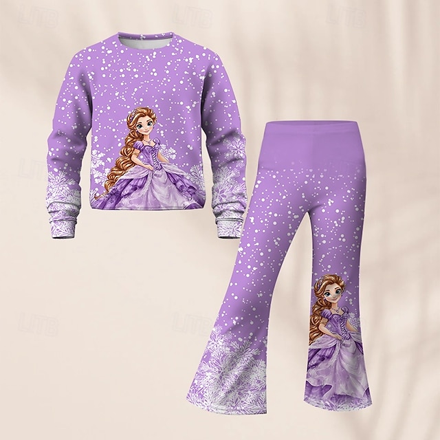  Tyttöjen 3D Kuvitettu Piirretty Lumihiutale Urheiluasu Verryttelypuvut Huppari & Flare Pants -setti Pitkähihainen Kevät Syksy Päivittäin Vapaa-aika Lapset 4-12 vuotta Tiukka pyöreä kaula-aukko ulko