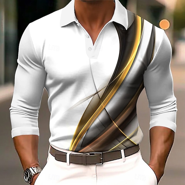  Herr Geometrisk Linje Golftröja Långärmad Polotröjor Skjortor med krage Ledigt Business Casual Gata Fritids- Friluftskläder Helgdag Knappar 3D-utskrift Vår Höst Vinter Vit Gul Orange