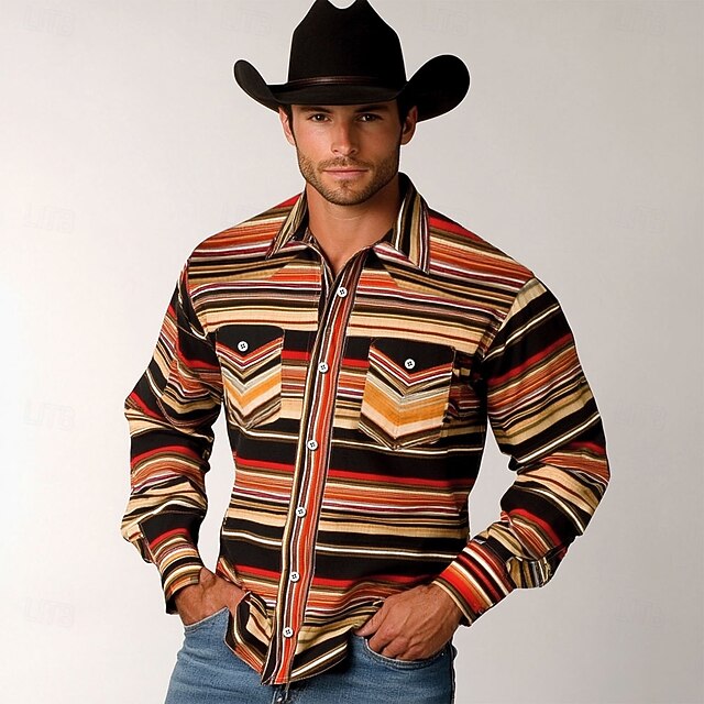 Men's Geometric Rainbow Striped Western Shirt Button Up Shirt Cowboy Shirt Long Sleeve Western Vintage Retro Outdoor Casual Spring Fall Turndown Collared Shirts Front Two Pockets Rainbow4