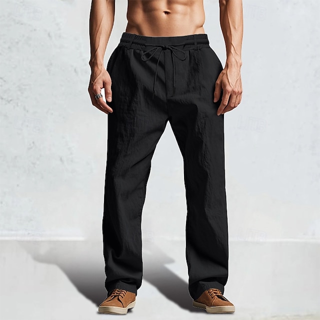  Bărbați Pantaloni de in Pantaloni Pantaloni de vară Pantaloni de plajă Cordon Talie elastică Picior drept Simplu Confort Respirabil Lungime totală Casual Zilnic Concediu Modă Stil Clasic Negru Alb