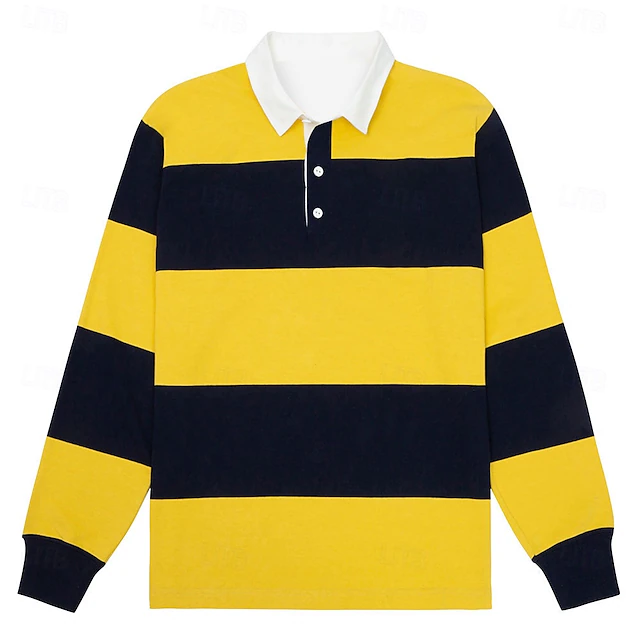 Men's Stripes Rugby Polo Long Sleeve Polo Shirts Collared Shirts Casual School Outdoor Athleisure 3D Print Spring Fall Yellow4