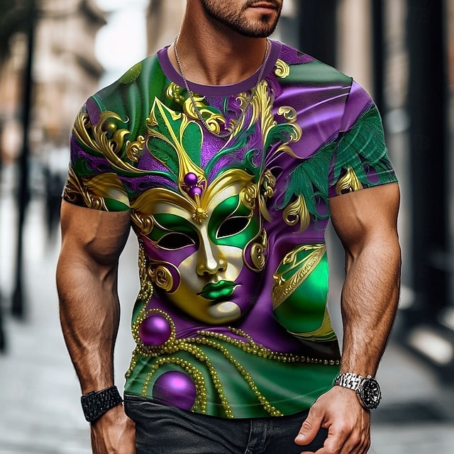  Mardi Gras Homme Masque T shirt Manche Courte T-shirt 3D effet Col Ras du Cou Chemise Design Décontractées Soirée Vacances Violet Eté Printemps Vêtement Tenue S M L XL XXL XXXL