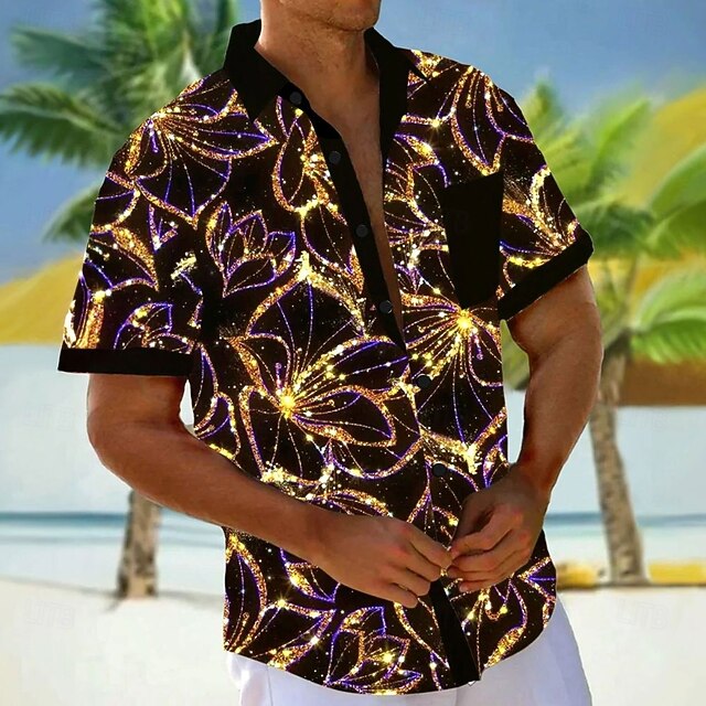 Men's Floral Sparkling Glitter Shirt Button Up Shirt Short Sleeve Vintage Retro Vacation Holiday Beach Wear Summer Fall Turndown 3D Print Collared Shirts Front One Pocket Black4