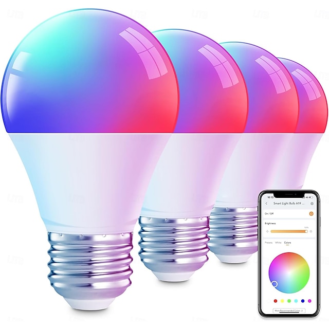  Ampoules LED intelligentes RVB E26/E27 – 10 W à changement de couleur, intensité variable via Wi-Fi, fonctionne avec Alexa &Google 4 pièces