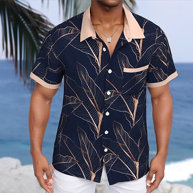 Men's Palm Leaf Tropical Plants Summer Hawaiian Shirt Button Up Shirt Short Sleeve Hawaiian Resort Vacation Holiday Beach Wear Summer Spring Turndown Collared Shirts Front One Pocket Dark Blue4