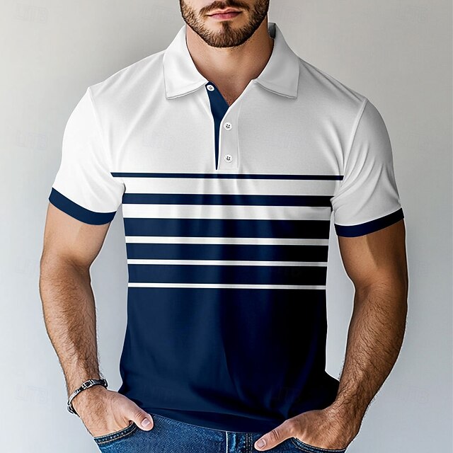 Men's Stripe Polo Short Sleeve Polo Shirts Collared Shirts Casual School Outdoor Daily Wear Home Wear 3D Print Summer Blue4