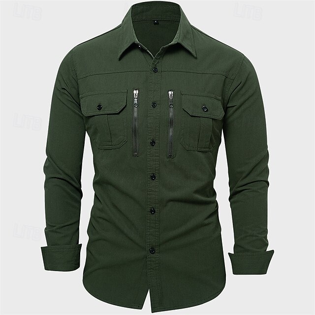  Voor heren Overhemd Zomer overhemd Normaal shirt Overhemd met knopen khaki Lichtgrijs Leger Groen Lange mouw Effen Revers Vakantie Hawaii Button-omlaag Kleding 100% katoen Modieus Casual Comfortabel