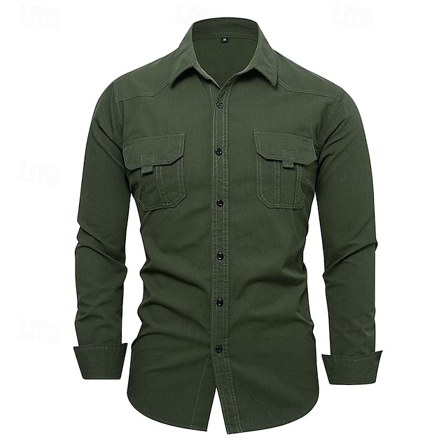  Voor heren Overhemd Zomer overhemd Normaal shirt Overhemd met knopen Zwart khaki Leger Groen Grijs Lange mouw Effen Revers Vakantie Feestdagen Zak Kleding Polyester Modieus Casual Comfortabel