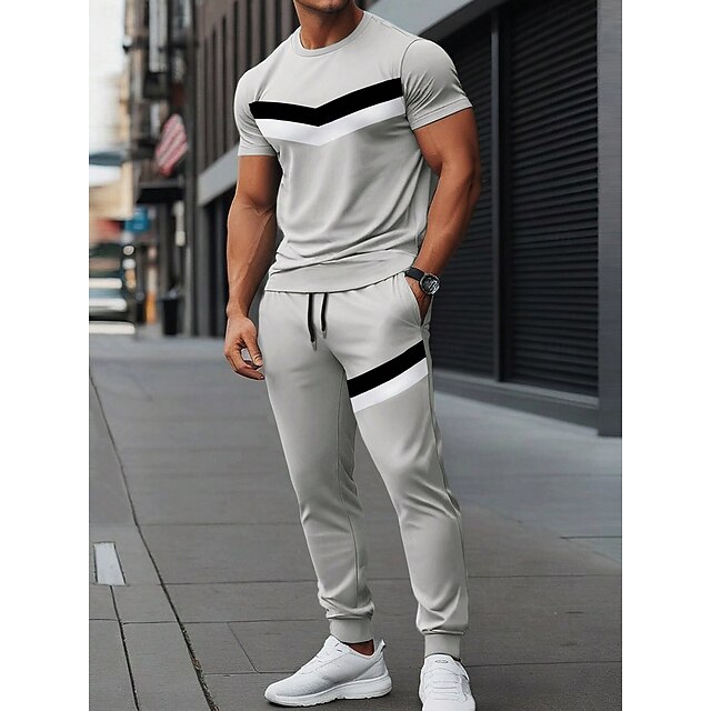 Men's T-shirt Suits Shirt and Pant Sets 2 Pieces Outfits Short Sleeve Crewneck Summer Color Block Stripes Fashion Casual 2 Piece Vacation Daily Wear Going out Black Gray Top Tee for Men3