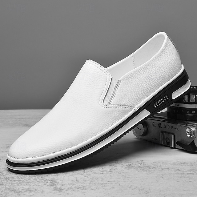  slip-on sneakers i konstläder för män, avslappnade vita skor med bekväm gummisula, snygga och mångsidiga skor för vardags- och fritidsaktiviteter
