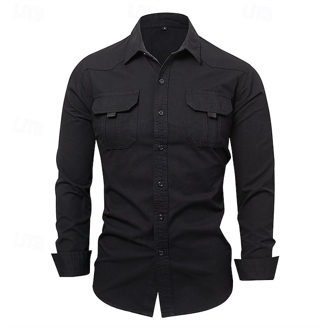  Herren Hemd Sommerhemd Lässiges Hemd Knopfhemd Schwarz Kaki Armeegrün Grau Langarm Glatt Kargen Urlaub Festtage Tasche Bekleidung Polyester Modisch Brautkleider schlicht Komfortabel