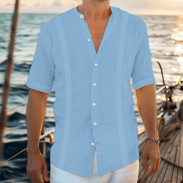  Per uomo Camicia camicia di lino Camicia Guayabera Camicia con colletto a fascia Camicia estiva Abbigliamento mare Liscio Da mare Curise Nero Bianco Blu Verde Manica corta Colletto Estate