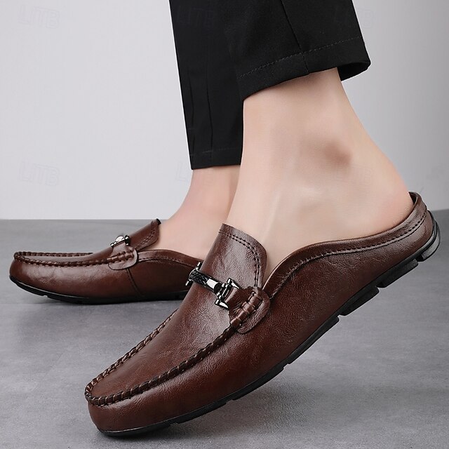  Men's Brown Slip-on Loafers with Metallic Buckle, Casual Faux Leather Shoes for Everyday Wear