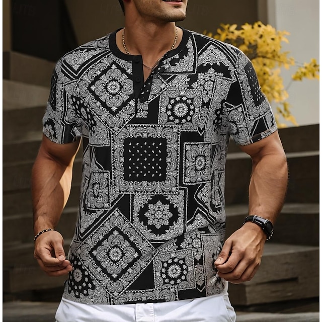  Per uomo Floreale Etnico maglietta Camicia Henley Manica corta Originale Retrò vintage Strada Informale Giornaliero Estate Primavera Nero Henley Maglietta Henley