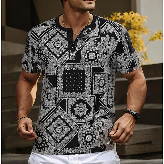 Men's Floral Ethnic T Shirt Henley Shirt Short Sleeve Designer Retro Vintage Street Casual Daily Summer Spring Black Henley Henley T-Shirt4