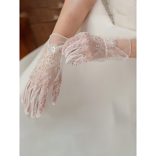  Renda Até o Pulso Luva De Renda Com Perola Imitação / Apliques Luvas de Festa / Casamento