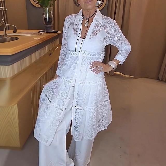  Women's Shirt Lace Shirt Blouse Plain Modern Casual Long Sleeve Shirt Collar Long Tops Daily Holiday Going out Lace White Summer