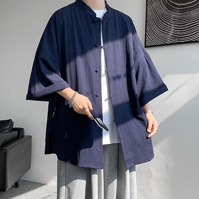  Per uomo Camicia Camicia di lino Camicia casual Camicia con Bottoni Camicia di cotone Semplice Vacanza Camicia hawaiana Nero Bianco Blu marino Cachi Mezza Manica Colletto alla coreana Estate