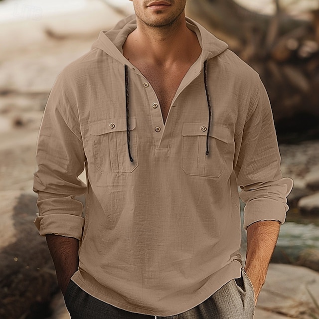  Herren Hemd leinenhemd Sommerhemd Strandhemd Kapuzenhemd Einfach Lässig Täglich Schwarz Weiß Braun Khaki Langarm Mit Kapuze Frühling & Sommer Bekleidung