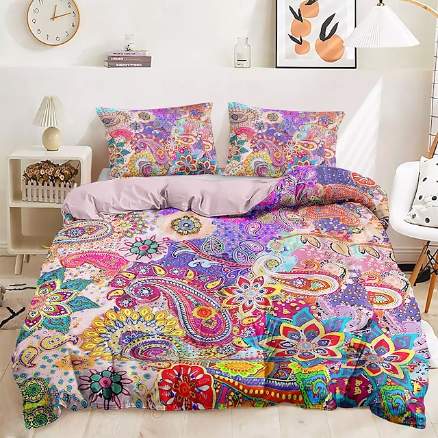  Bohemisk Duvet-set 100% Bomull Mjuk och Andningsbar Sängkläder med Färgglada Blommor Lätt och Hållbar Täcke Bekväm för alla säsonger Lätt att ta hand om